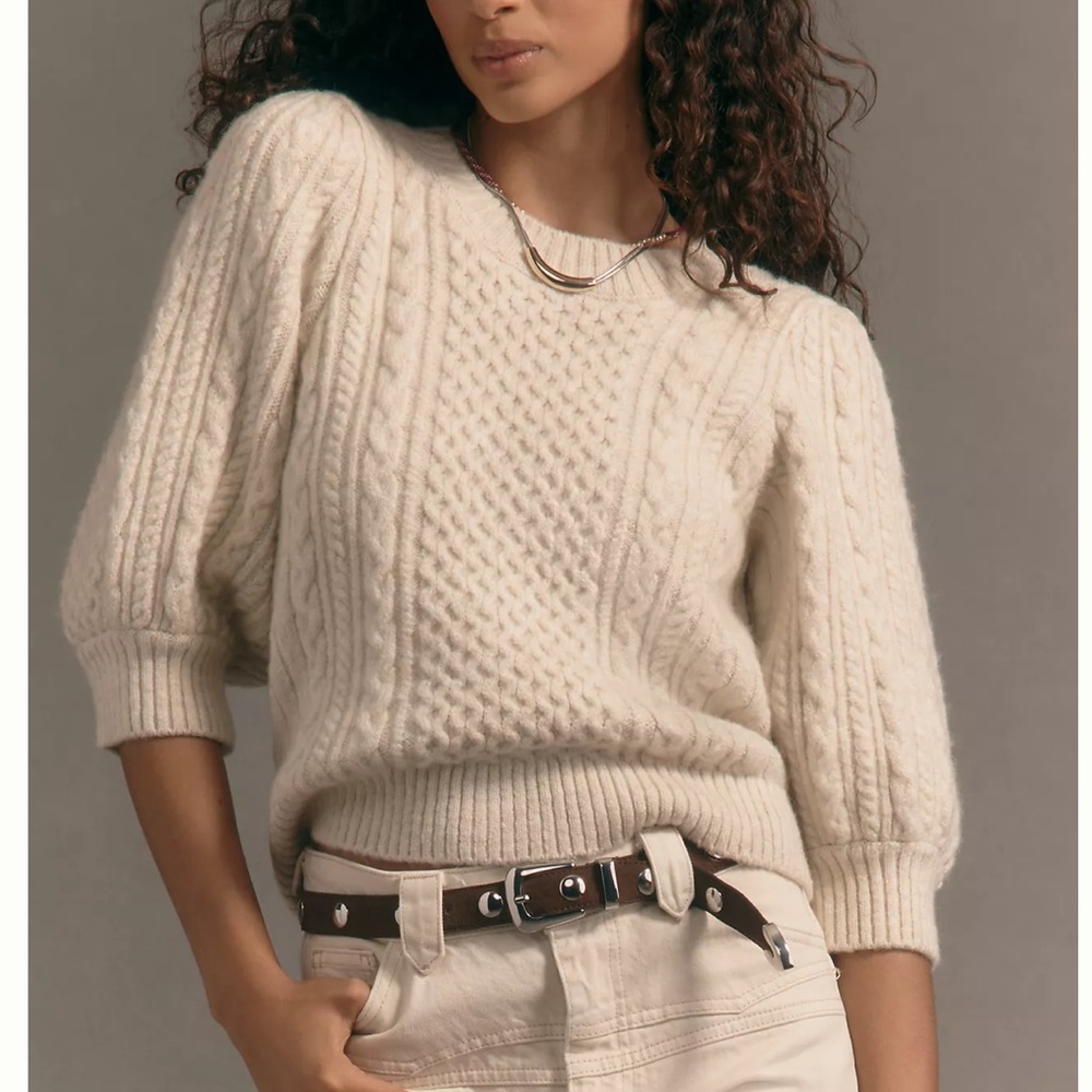 Maeve Puff-Sleeve Crew-Neck Cable-Knit Sweater - Picture 1 of 3